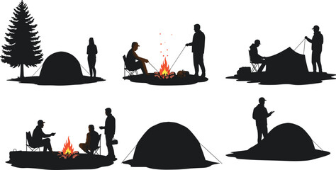Silhouettes of People Engaged in Camping Activities with Tents, Campfires, and Nature for Outdoor Adventure and Travel Themes