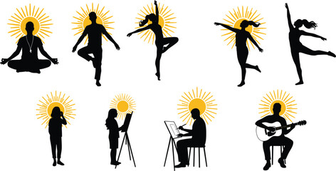 Silhouettes of People Engaged in Creative and Mindful Activities with Sunburst Halos for Art, Dance, and Wellness Themes