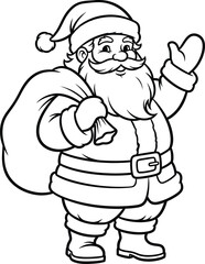 Friendly Santa Claus Waving with Gift Sack - Black and White Outline
