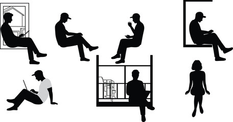 Silhouettes of People Seated in Various Everyday Poses Using Devices, Eating, and Relaxing for Lifestyle Concepts