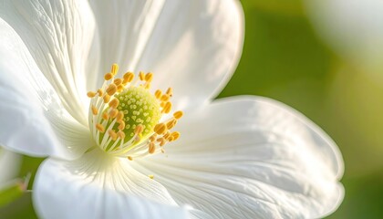 Close up of a delicate white anemone flower with yellow stamen and green blurred background in soft morning sunlight