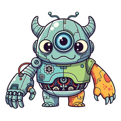 Cyborg Monster Mascot with Digital Speech Bubble – Cute Futuristic 2D Vector Illustration