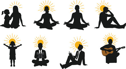Silhouettes of People Engaged in Meditation, Reading, Music, and Bonding with Sunburst Halos for Mindfulness and Lifestyle Themes