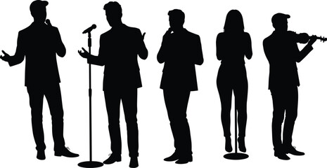 Silhouettes of Performers and Speakers in Various Poses Representing Public Speaking, Music, and Stage Presentation Concepts