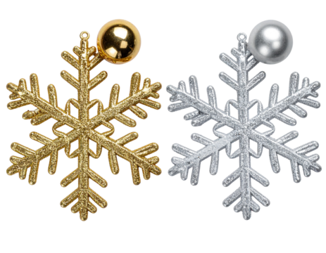  Decorative snowflake ornament set with gold, silver, crystal, and matte styles isolated on transparent background