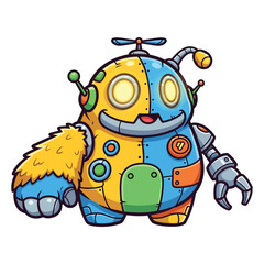 Cyborg Monster Mascot with Digital Speech Bubble – Cute Futuristic 2D Vector Illustration