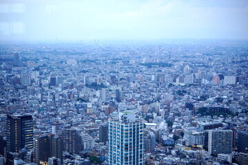 Fototapeta premium 夕暮れ時の広大な東京都心部の建物群を高い場所から俯瞰で捉えた写真です街全体が青い靄に包まれ幻想的な雰囲気があります