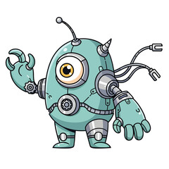 Cyborg Monster Mascot with Digital Speech Bubble – Cute Futuristic 2D Vector Illustration