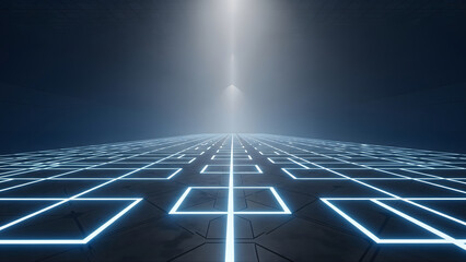 Particle data flows through a futuristic digital matrix, showing fast transmission and deep perspective.