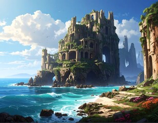 Ancient fortress on coastal cliffs with vibrant ocean and sunny sky