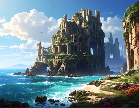 Ancient fortress on coastal cliffs with vibrant ocean and sunny sky