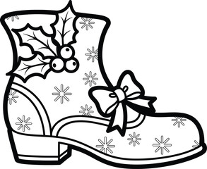 Festive Christmas Boot with Holly and Snowflakes Line Art