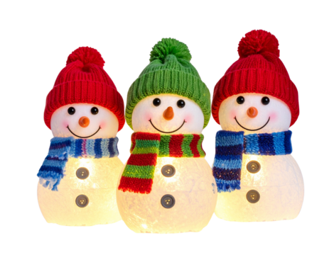 Lighted snowman decoration set with colorful hats and scarves isolated on transparent background