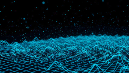 A glowing futuristic digital grid showing active data flow with neon lights and depth blur, representing modern high-speed technology and connectivity.