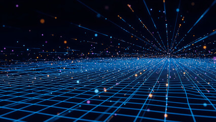 A glowing futuristic digital grid showing active data flow with neon lights and depth blur, representing modern high-speed technology and connectivity.