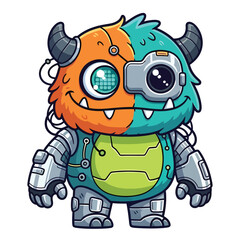 Cyborg Monster Mascot with Digital Speech Bubble – Cute Futuristic 2D Vector Illustration