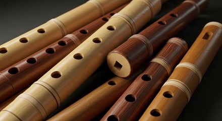 Naklejka premium Multiple wooden wind instruments with finger holes arranged closely together on a dark surface