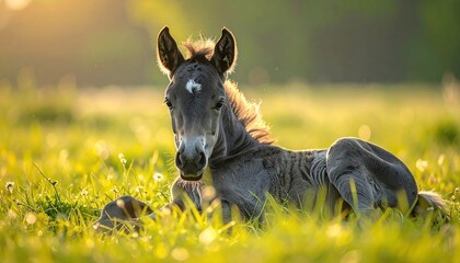 A serene portrait of a foal resting in a meadow bathed in golden sunlight