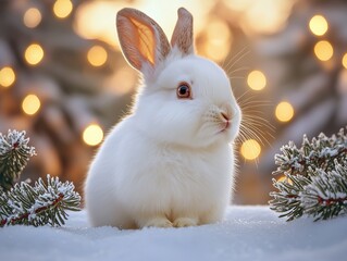 White rabbit sitting in snow with pine branches and lights, macro photography capturing fur texture and gentle gaze, creating warm winter atmosphere for holiday cards and designs