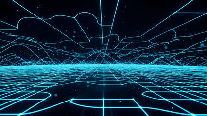 A glowing futuristic digital grid showing active data flow with neon lights and depth blur, representing modern high-speed technology and connectivity.