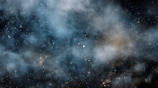 A serene abstract background depicting a cosmic nebula with shimmering golden particles and ethereal blue mist