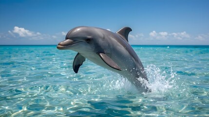 A dolphin with a sleek gray and shiny dolphin leaps out of the water, its sleek body glistening in the sunlight.