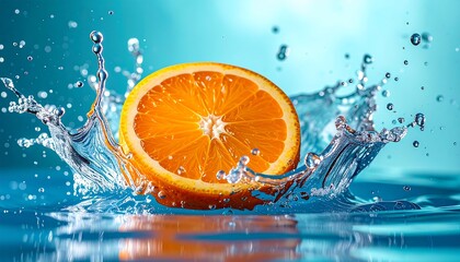 Vibrant orange slice splashing in refreshing water, a burst of citrus.