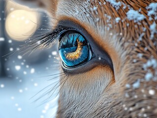 Hyper-realistic close-up of deer's eyes and eyelashes in snowy setting, with glass-like reflection and long fur. Bright colors, blurred background, isolated on white. Ideal for wildlife illustrations,