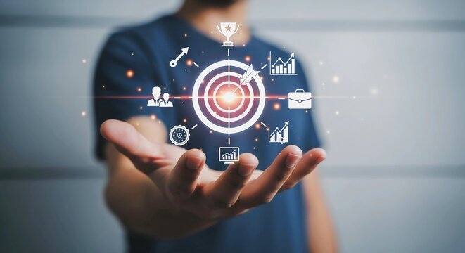 Businessman holding a virtual interface with a target icon representing business goals, strategy, and achievement.