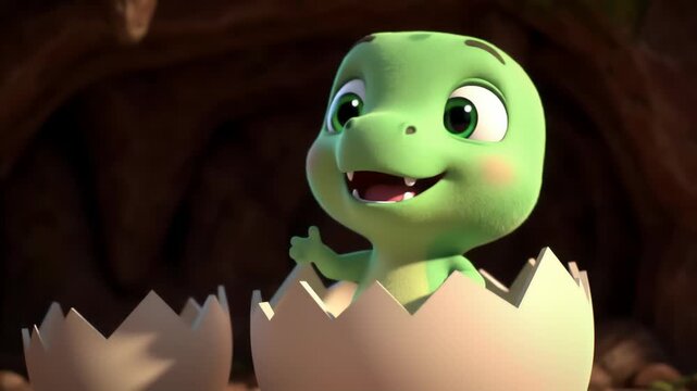 Adorable Baby Dinosaur Hatching From Cracked Eggshell with Cute Expressive Face and Green Skin in Dark Cave Environment