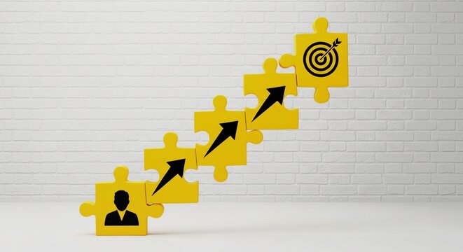 Conceptual image of a business strategy, depicting progress towards a target goal.