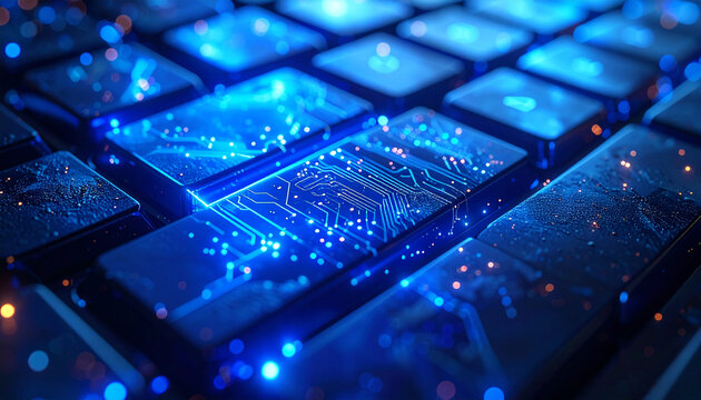 Digital Keyboard Circuits: A close-up view of a digital keyboard revealing intricate circuits and glowing lights, offering a glimpse into modern technology.