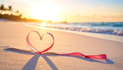 Pink Ribbon Heart Shape on Sandy Beach During Golden Hour Sunset With Gentle Ocean Waves Reflecting Warm Light and Palm Trees Silhouetted in Distance