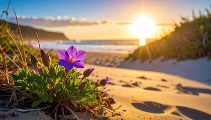 Purple Flower On Sandy Beach Path With Golden Sunset Over The Ocean And Gentle Waves In The Background