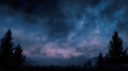 Fototapeta premium A dramatic twilight sky displays a cosmic ring pattern over silhouetted mountains and pine trees