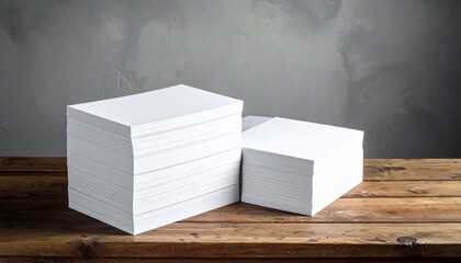 Stacks of pristine white paper sheets on a wooden surface against a neutral background