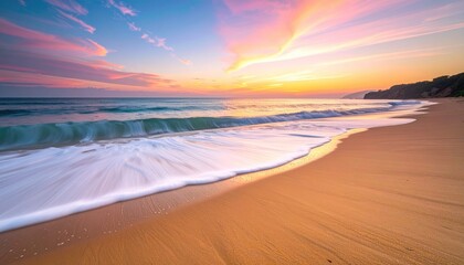 Golden Sandy Beach With Gentle Waves Under A Vibrant Pink Orange Sunset Sky With Silhouetted Hills In The Distance Overlooking The Ocean