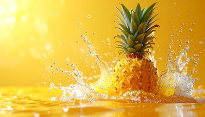 Pineapple splash on yellow background, refreshing tropical fruit.