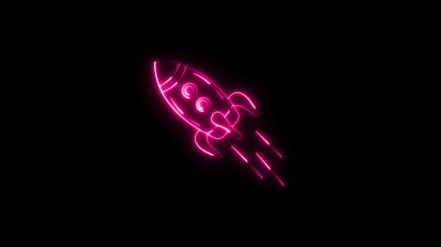 Glowing neon line rocket ship blasting off with exhaust trails against glowing, illustration light power rocket vector black background, 4k video.