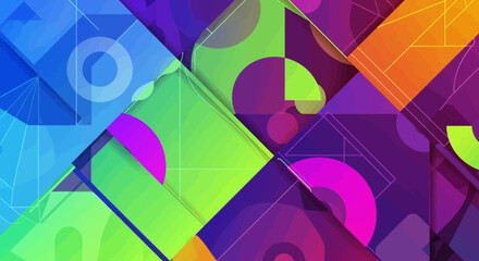 Abstract geometric shapes with vibrant gradient colors and line art overlay.
