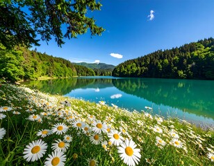 Serene mountain lake with lush greenery and white wildflowers