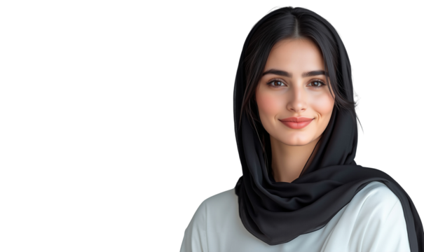 Smiling Arab woman in a black hijab, isolated on transparent background