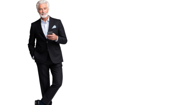 Stylish senior businessman in a sharp suit holding a smartphone, isolated on transparent background