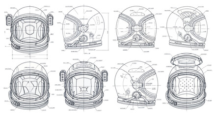 Blueprint illustrations showcasing various views and detailed components of an astronaut helmet. © emiloo