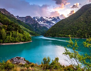 Serene mountain lake with lush hills and snow-capped peaks
