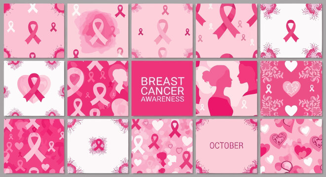 A collage of pink-themed designs and patterns for Breast Cancer Awareness, featuring ribbons, hearts, and female silhouettes, with text indicating October awareness.