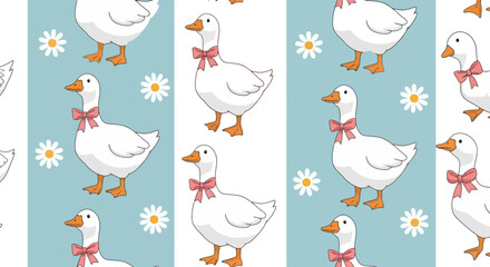Seamless pattern with cute white geese wearing pink bows and white daisy flowers on a striped background. © emiloo