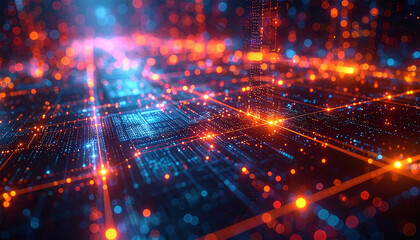 Digital Network's Radiance: A dynamic digital network pulses with vibrant energy, illustrated through illuminated data streams and interconnected nodes, representing the flow of information