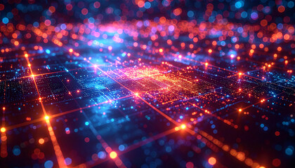 Fototapeta premium Digital Data Flow: A captivating visual of a digital network pulsating with vibrant red and blue lights, representing the intricate flow of data and information in the digital world.