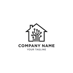 Smart home technology logo with a circuit board tree inside a house outline.